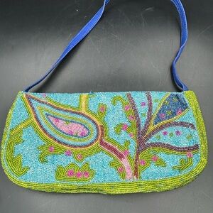 Vibrant Beaded Shoulder Bag with Blue and Green Accents